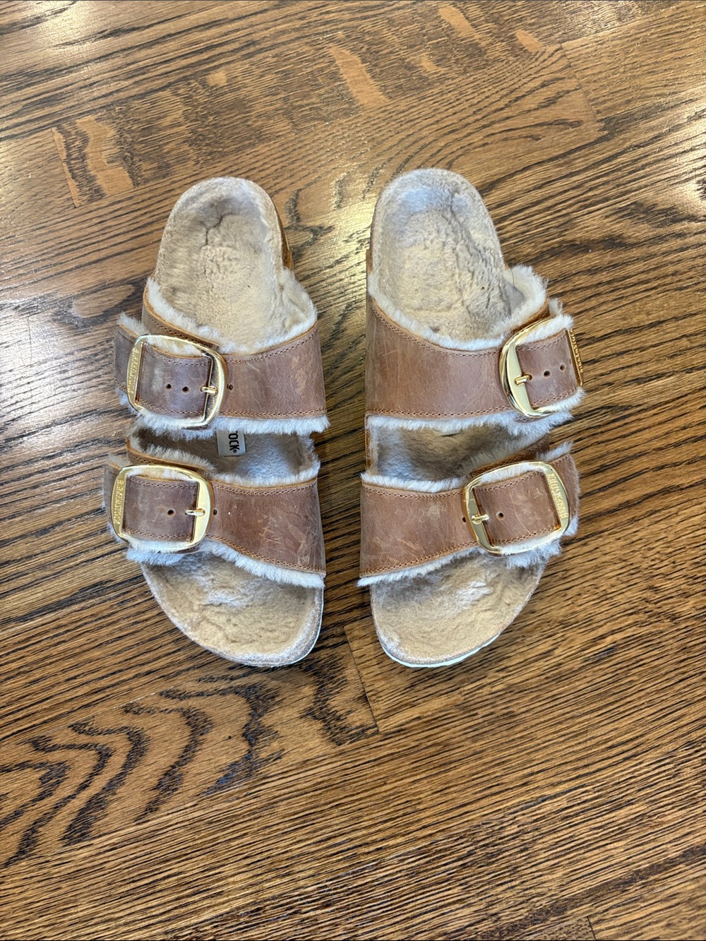 Birkenstock Arizona big gold buckle Sherpa sandals- Tan, 39 (8.5)